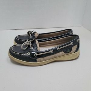 Sperry Top-Sider Boat Shoes Angelfish Black Leather and Tan Fabric Size 6.5M